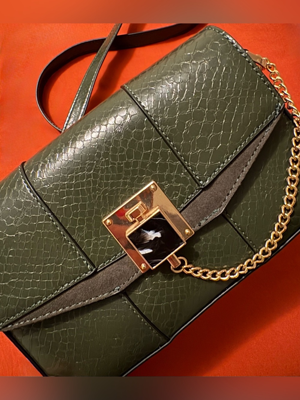Topshop Olive Green Crossbody Bag with Gold Chain Accent